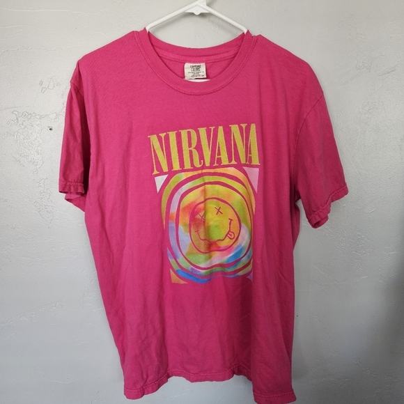 Comfort Colors Unisex Large Bright Pink Nirvana Smiley Band Tee Short Sleeve Top - Picture 1 of 5